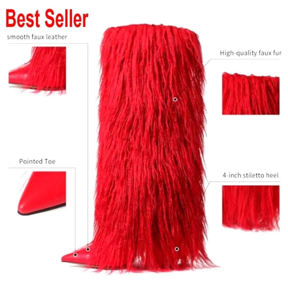 Faux Fur Knee High Boots with Stiletto Heel and Pointed Toe
